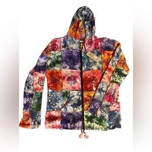 Kathmandu Imports Hooded Zip Front Patchwork Tie Dye Jacket with Block Print NWT
